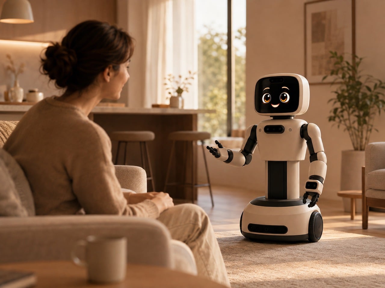 NimnyBot speaks with an adult seated in a living room