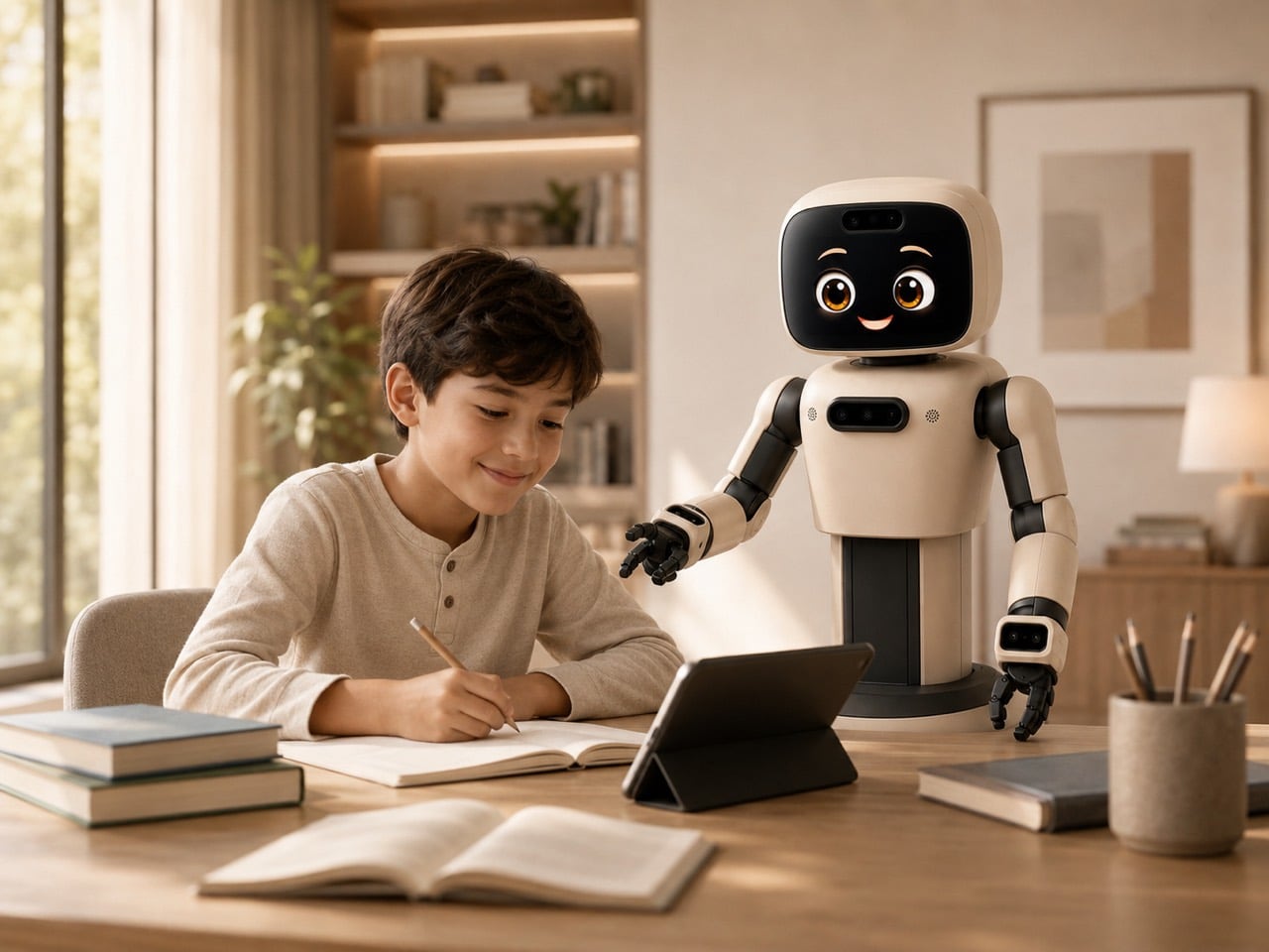 A child studies at a table while NimnyBot supports the learning activity