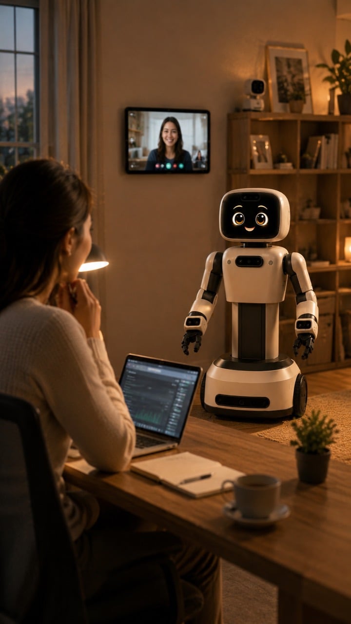 An adult works from home while NimnyBot supports a remote video conversation.