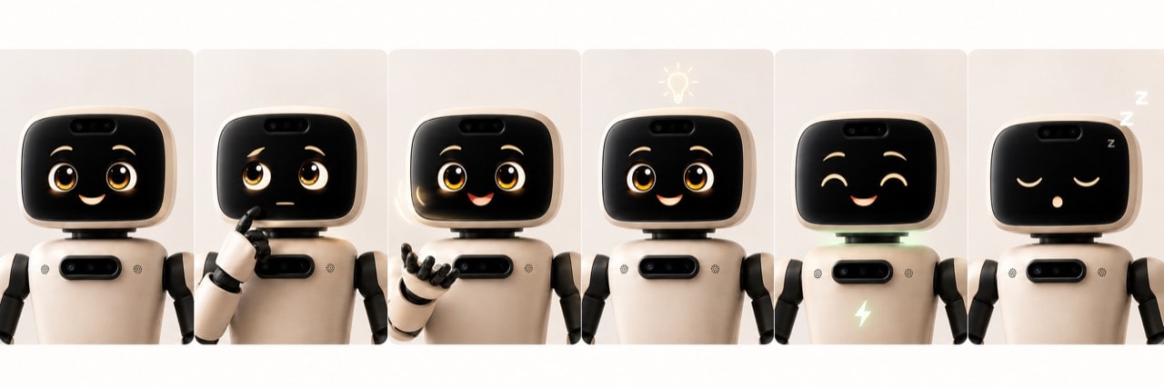Six NimnyBot expressions showing attentive, thinking, speaking, notification, charging, and sleep states