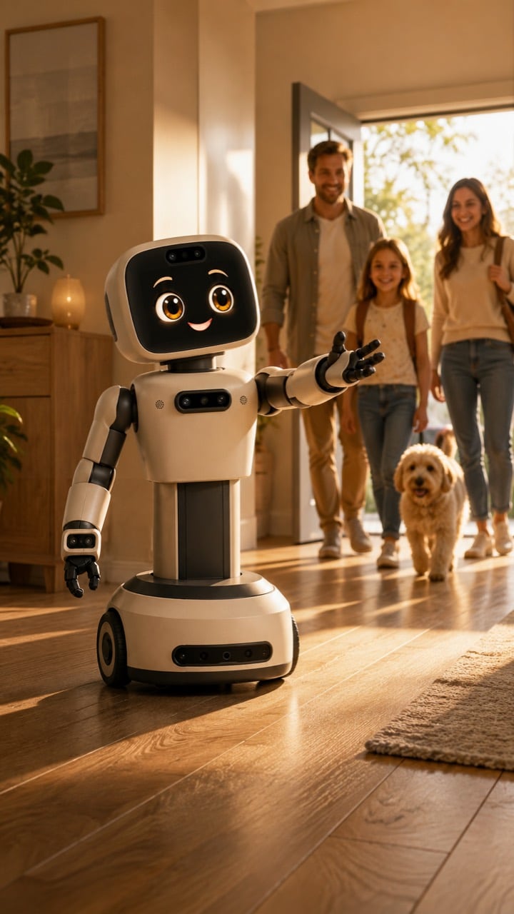 NimnyBot welcomes a family and their dog as they arrive home