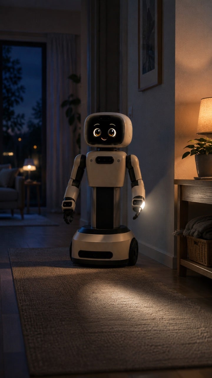 NimnyBot moving through a quiet home hallway at night with a subtle guide light