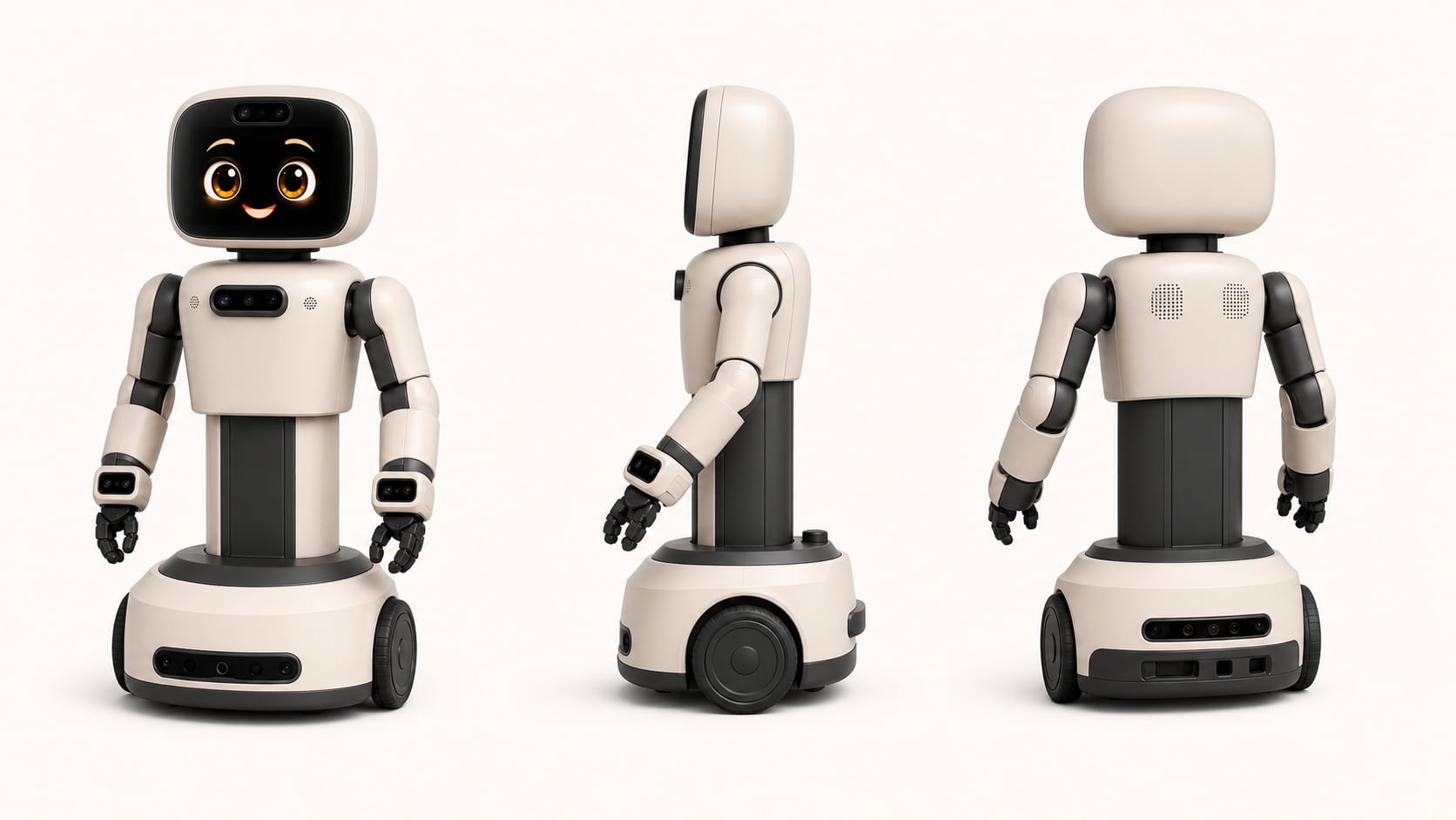 Consistent NimnyBot exterior concept shown from front three-quarter, side, and rear three-quarter views