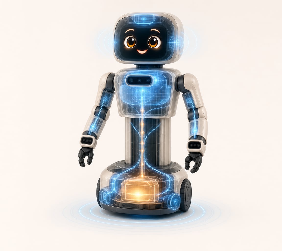 Concept visualization of NimnyBot with abstract illuminated zones representing perception, communication, software coordination, power, navigation, and movement