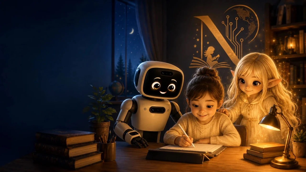 A child learns with NimnyBot and Nimny in a warm evening study space